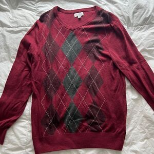 Croft & Barrow Mens Burgundy & Gray Argyle Lightweight V-Neck Sweater Small